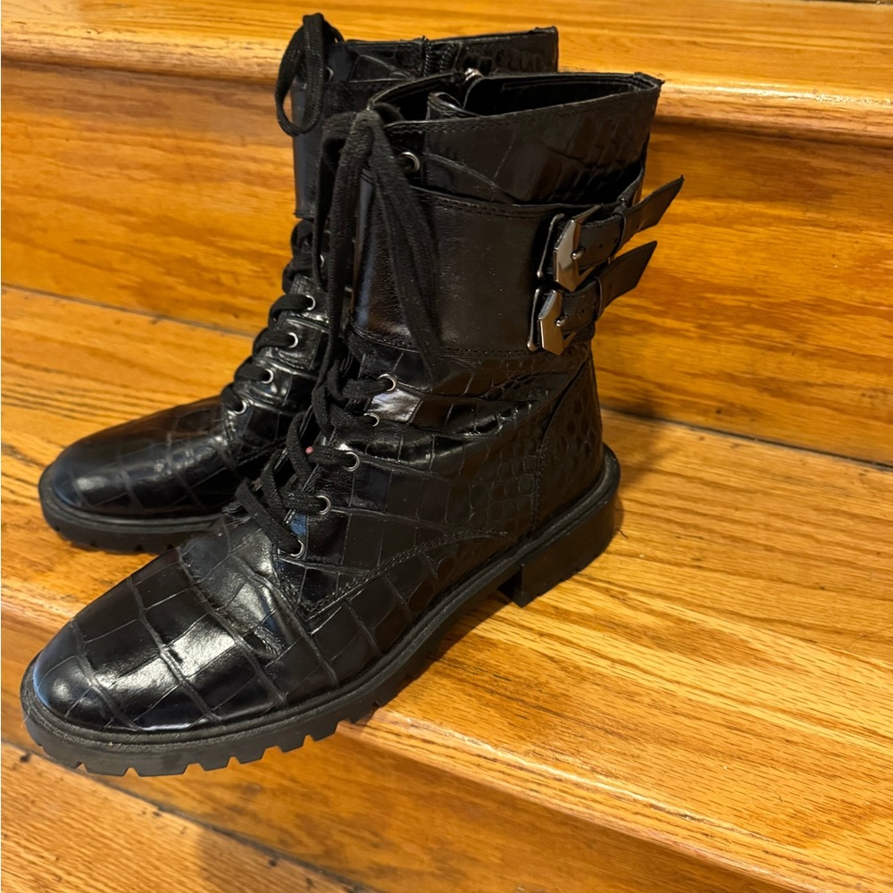 Vince Camuto Black Croc-Embossed Combat Boots